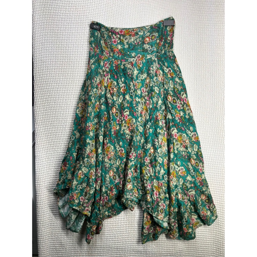 Boho Womens Natural Life Handkerchief Hem Smocked Floral Skirt L/XL Teal Green
